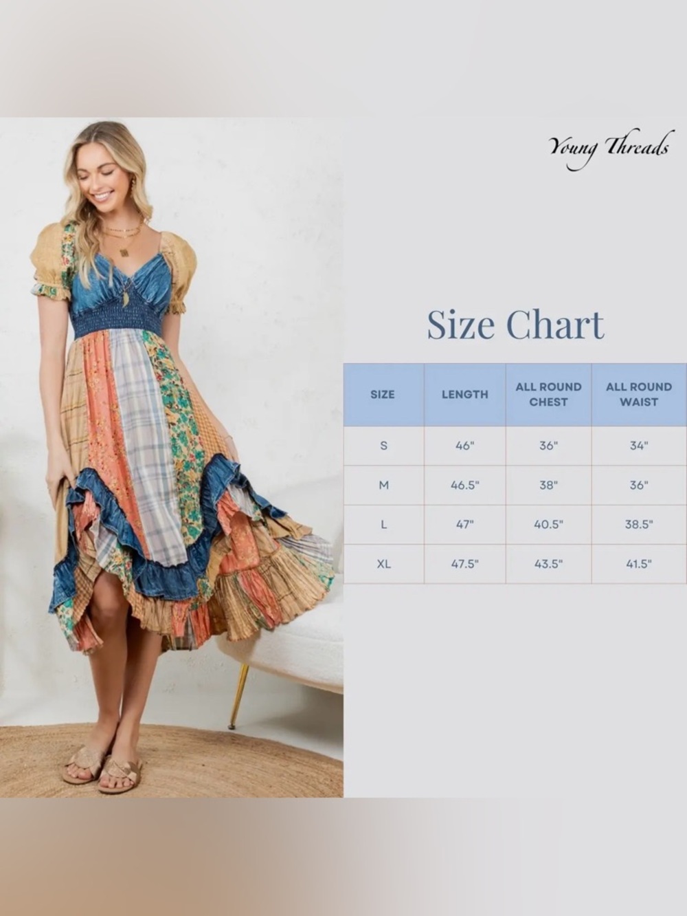 NWT Fair Trade Vegan Ruffled Asym Patchwork Boho Hem Midi Dress Sweet heart neck - Picture 6 of 7